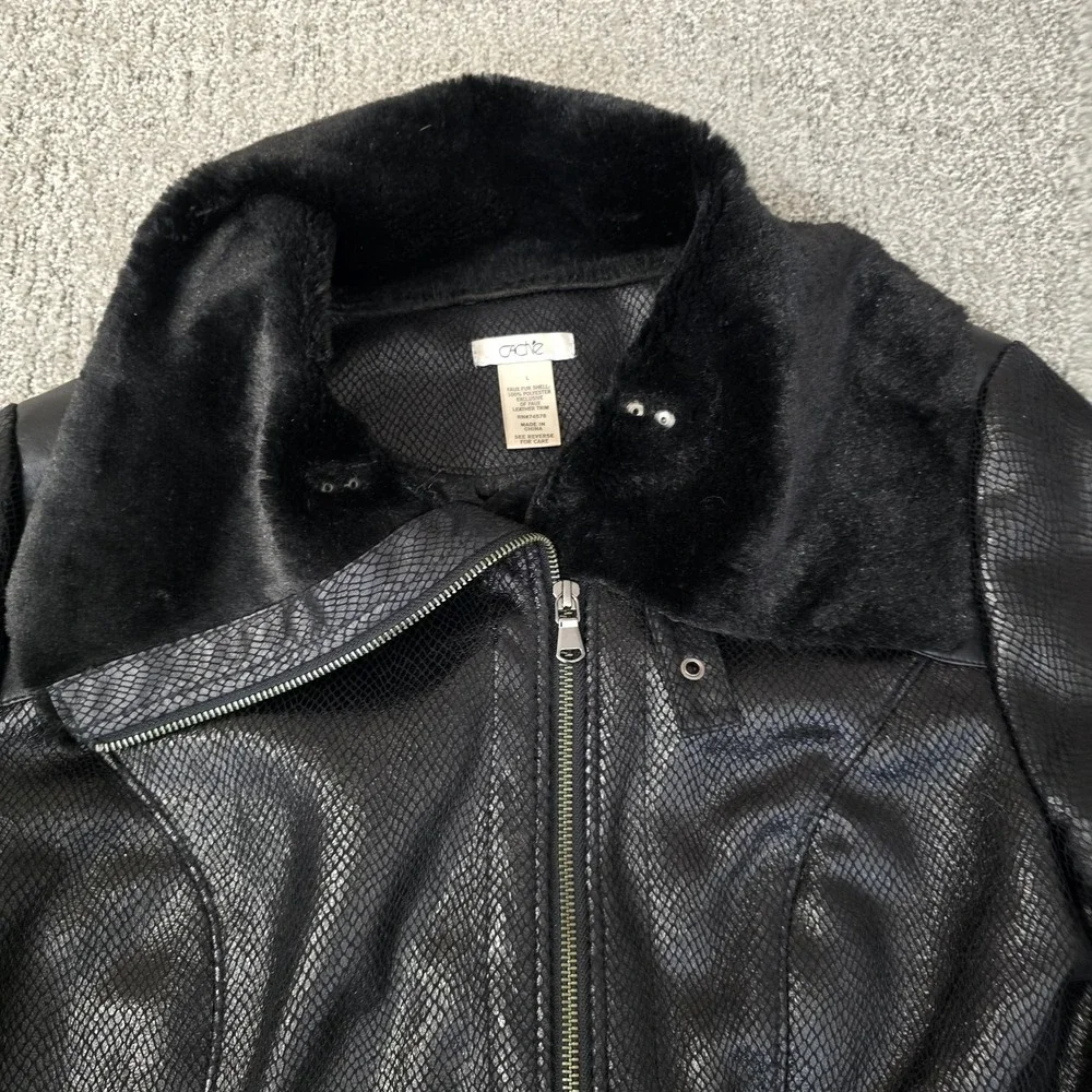 VTG Cache Faux Snakeskin Shimmer Leather Fur Trim Zip Jacket Womens‎ L
